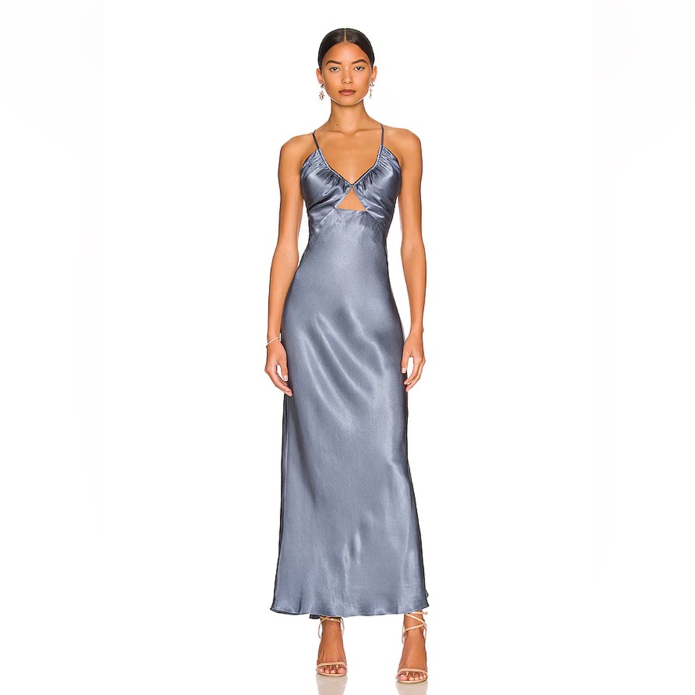 Shona Joy La Lune Ruched Bodice Midi Dress Blue Smoke Satin gown slip Revolve 4